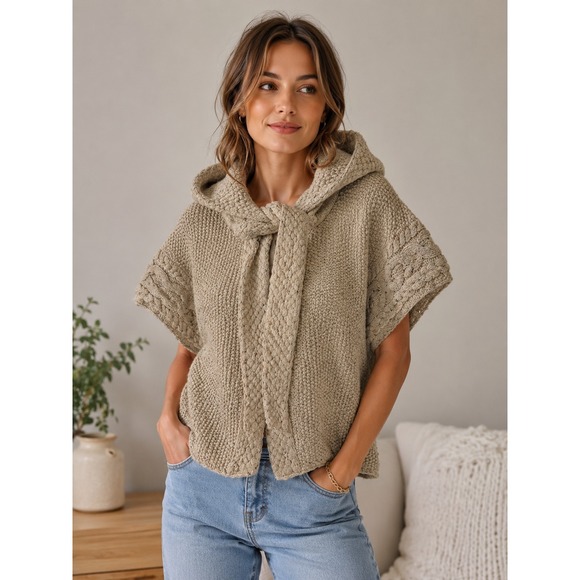 Anthropologie Sweaters - Anthropologie Far Away From Close Hooded Cable Knit Capelet Oatmeal Beige Medium